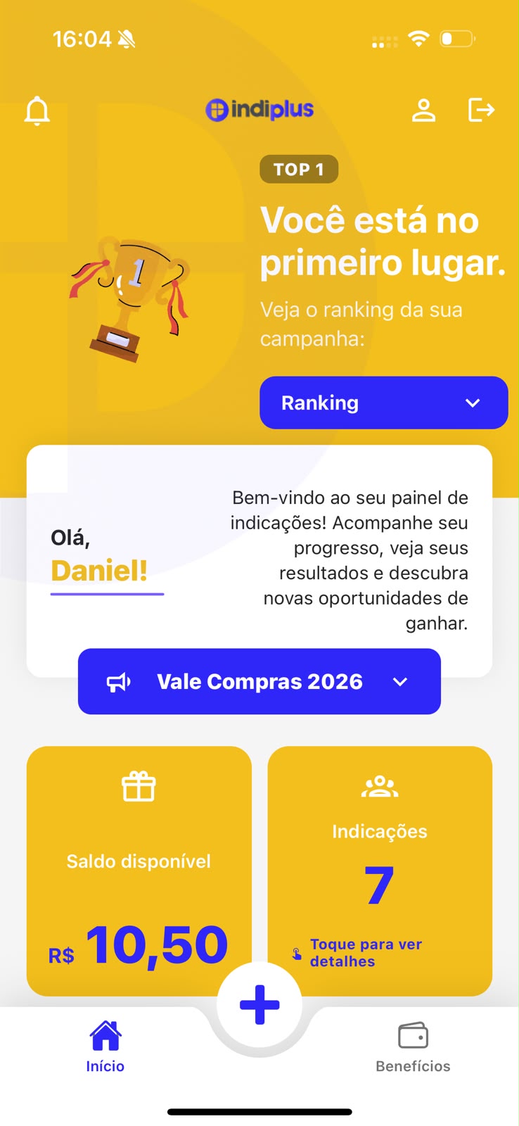 App IndiPlus — painel de indicações